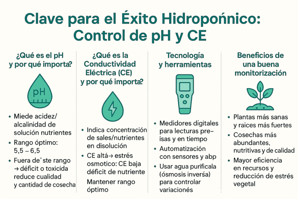 La Importancia de la Monitorización de pH y CE en Hidroponía infografiaLa Importancia de la Monitorización de pH y CE en Hidroponía infografia