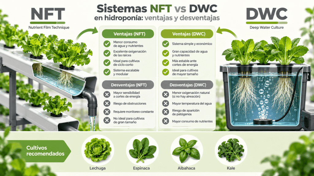 Sistemas NFT vs DWC en hidroponía 