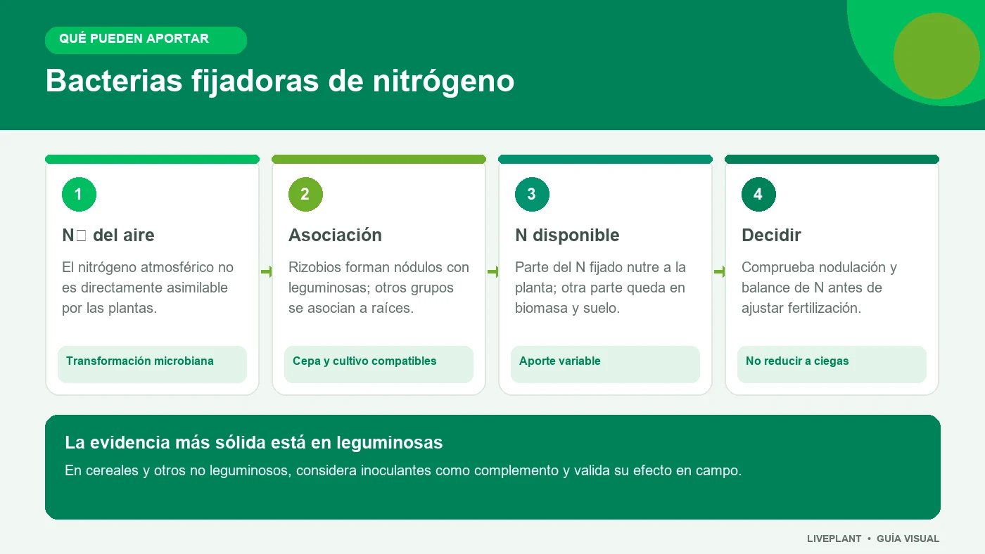 Infografía sobre cómo las bacterias fijadoras transforman nitrógeno y cómo valorar su aporte