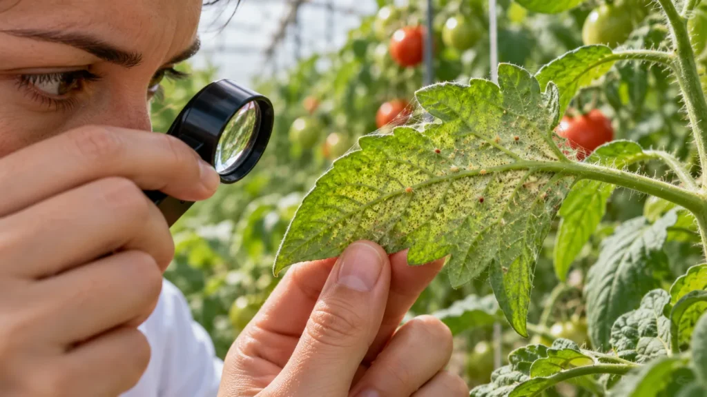 Agrónoma inspecciona el envés de hojas de tomate con una lupa para detectar araña roja